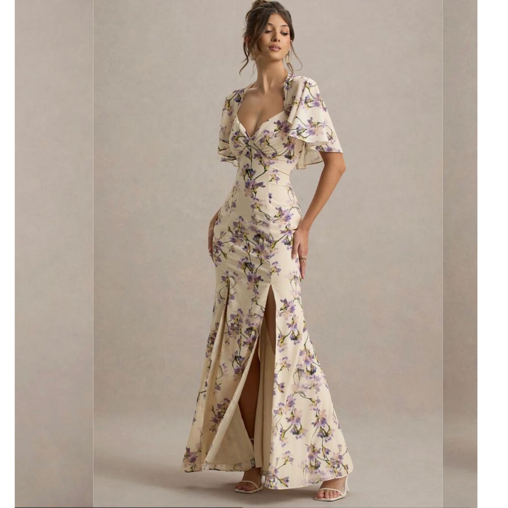 Club L London Floral Print Plunge-Neck Maxi Dress w/ High Front Split | US 4